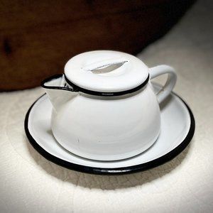 Vintage Blue and White French Enamel Personal Kettle with Plate Enamelware